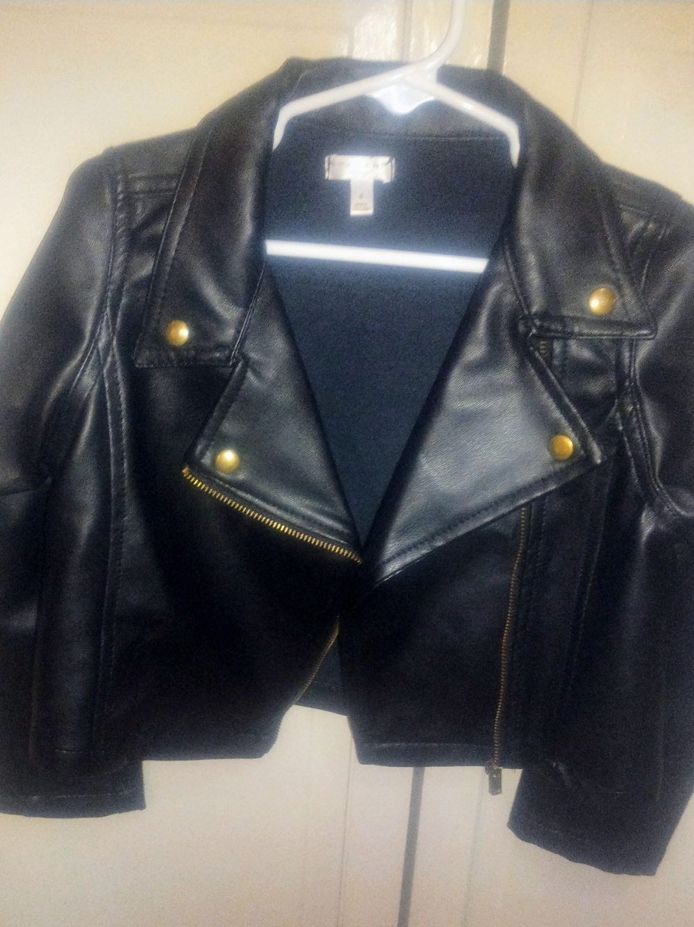 Tahari Girls Black Faux Leather Moto Jacket with Gold Accents